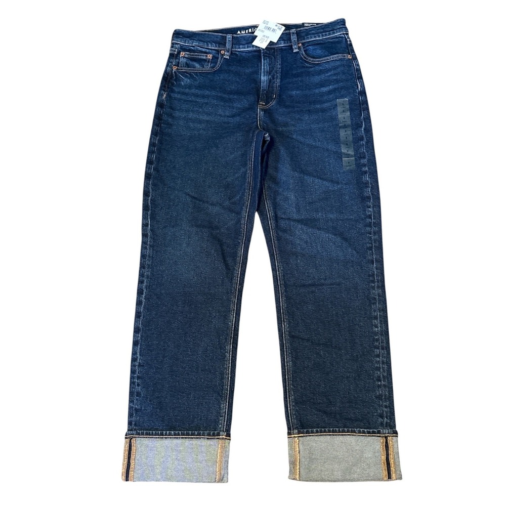 American Eagle Super High-Rise Stretch Straight Cuffed Jeans, Size 8 Short, Dark